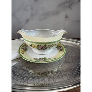 Vintage Floral Gravy Boat Saucer Royal Doulton Green Rim Cottage